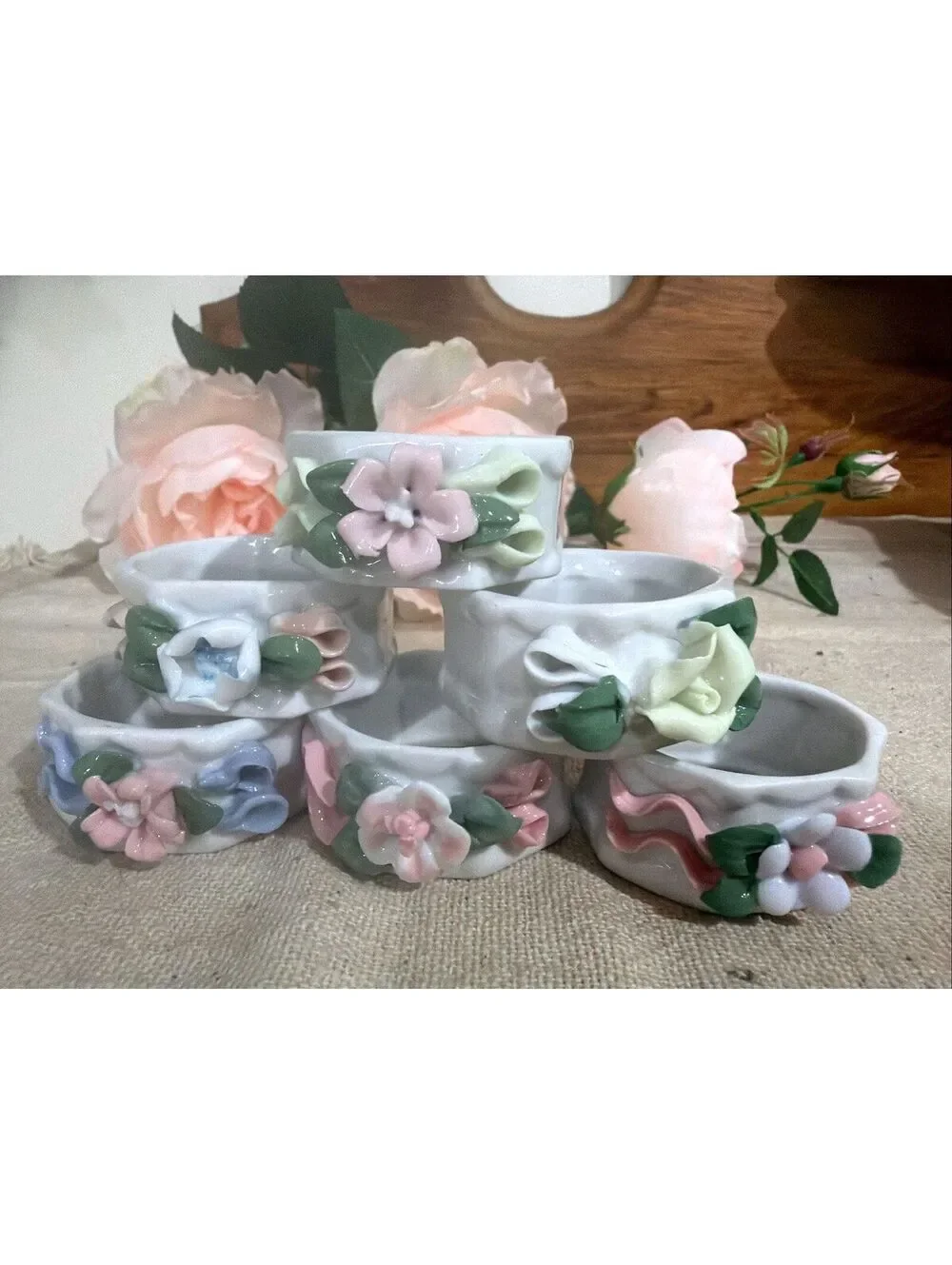 Set 6 VTG Porcelain Floral Napkin Ring Cottage Shabby Chic Garden Tea Party